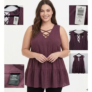NWT Torrid Size 2 2X Plus Tiered Crinkle Gauze Lace Up Back Top Plum Burgundy